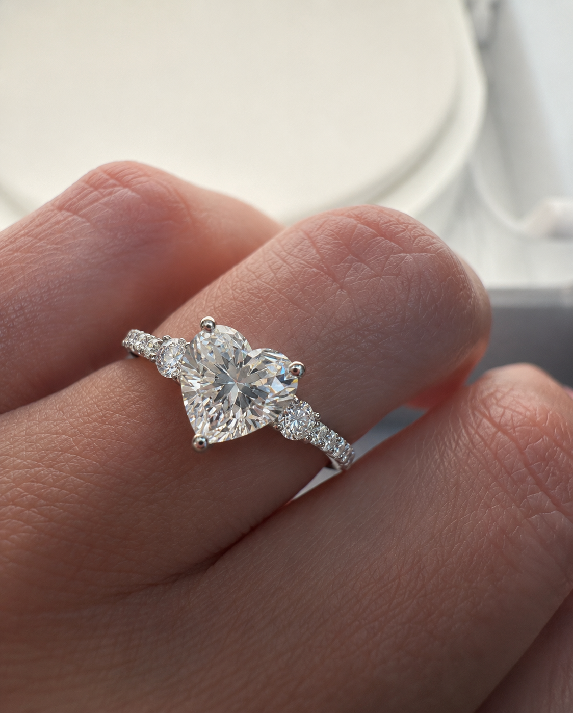 Heart Shaped Center Diamond Ring 14K White Gold Marquise Side Stones Engraved