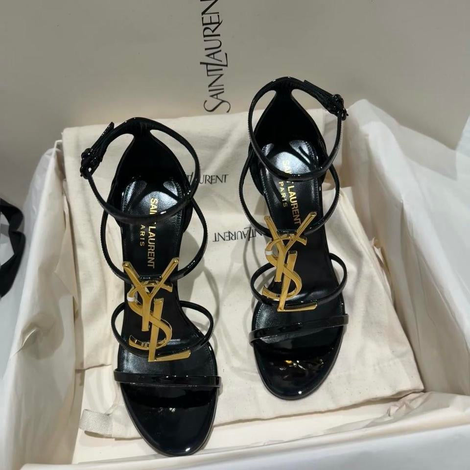 Saint Laurent YSL Opyum Heels Black Patent w/ Gold Logo