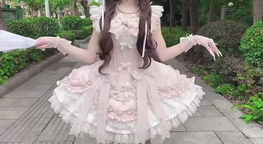 Luxury Pink Lolita Dress 🎀 Lace Bow Princess Cosplay Outfit – Kawaii Corset Style